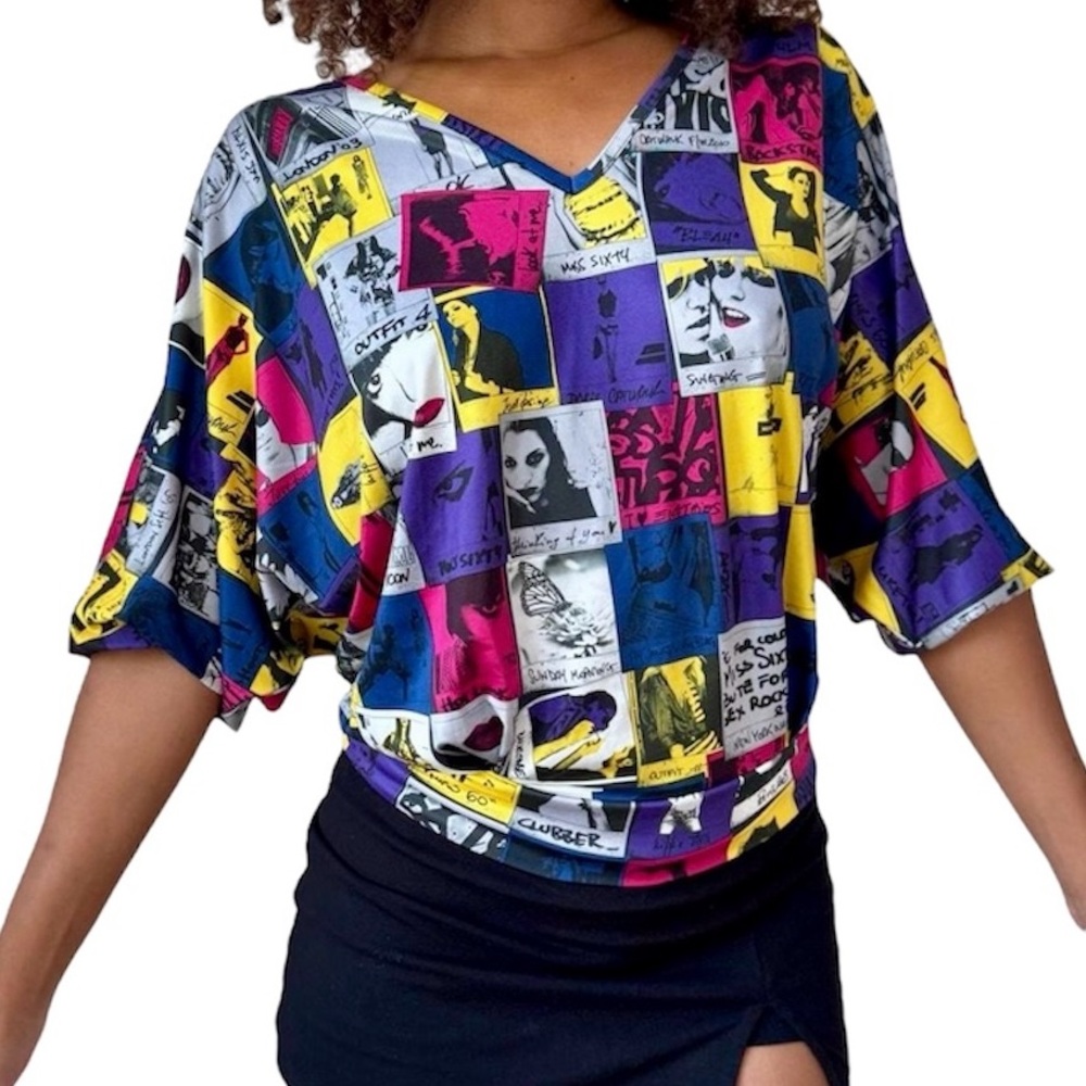 Miss Sixty VTG Italian Design Oversized Polaroid Graphic Pop Art V-Neck‎ Top XS